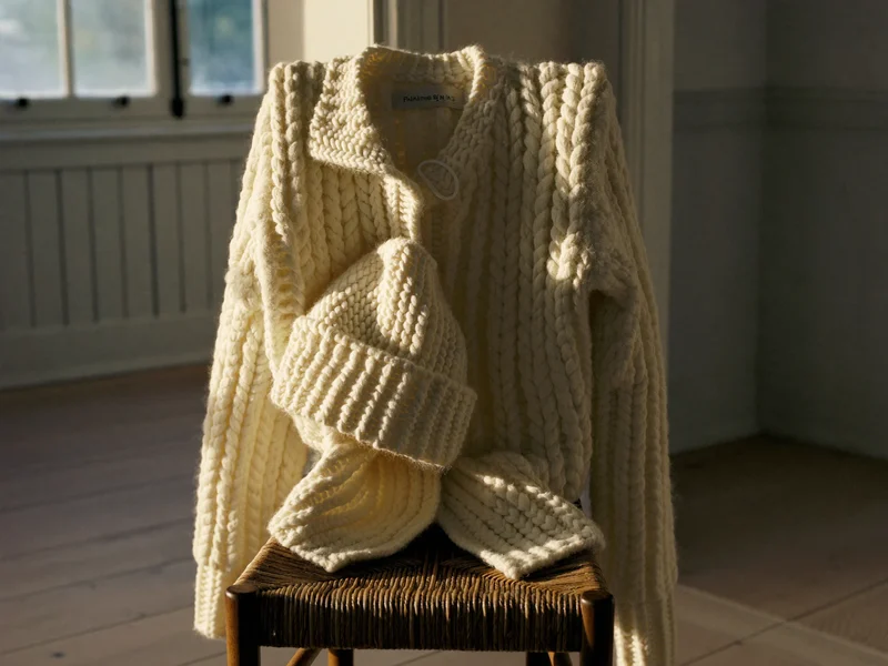 Cardigan gros din tricot și căciulă asortată, așezate pe un scaun lângă fereastră.